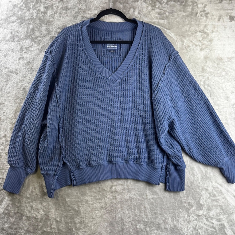 American Eagle Sweater Women Small Blue Waffle Knit V-Neck Oversized (1864)